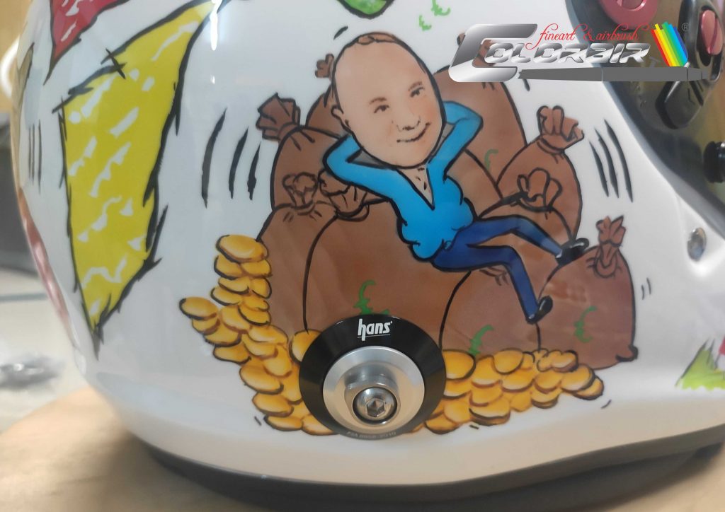 Comic Airbrush Design auf Arai GP-6S Helm – Roulette Makler Style